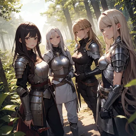 a group of  female knight, (in forest), various hair styles, harem, wearing armored clothes, metal armor, night, details face, ,...