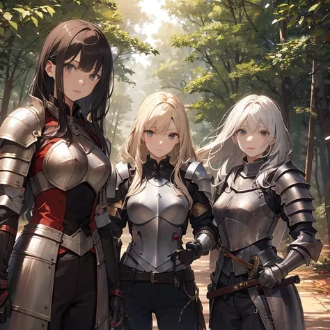 a group of  female knight, (in forest), various hair styles, harem, wearing armored clothes, metal armor, night, details face, ,...