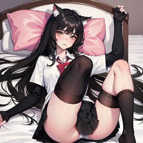 1 girl，jk，pleated skirt，1 leg ring，Knee socks，long black hair，Cat ear，youth，bedroom background，lying on bed，Chu Chu pitiful expression