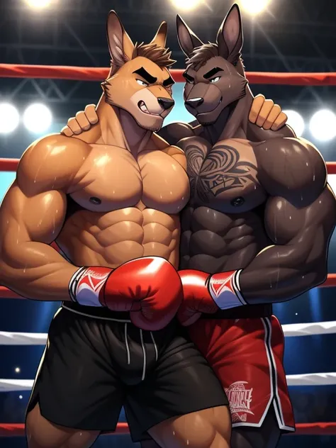 Duo male fighters(Brown Kangaroo vs black Kangaroo, handsomes, Thick eyebrows), beso gay((Cuddling embraced around his back in a boxing match)(cuddling body frottage)), hot(Full body, shirtless), handsomes(They are handsomes, correct anatomy), musculosos(B...