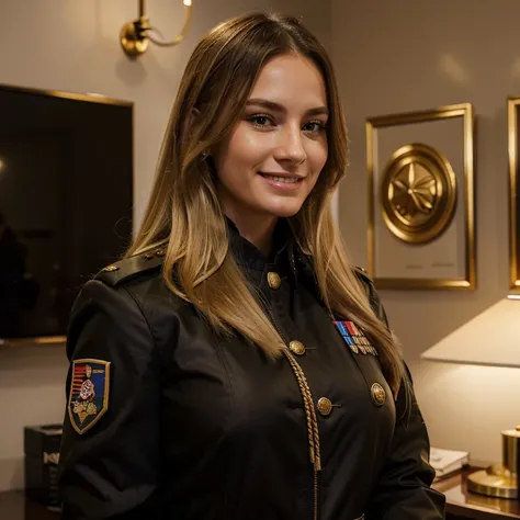 30-year-old female military commander in ceremonial darck military uniform with a dark jacket and some gold detaild. She is blonde with very long, straight hair, she has brown eyes and big breasts. She is standing in an office smiling.