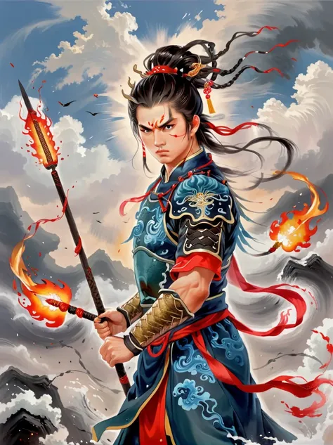 1 boy，Blood stained all over his face，anger，holding a spear，（fly），Chinese mythology，cloudy day，Meticulous skies，Abstract background，（Flame Surge Style：0.5），demonic third eye，hair scrunchie，with ponytail，wearing armor，Strong body，tall and big，Spear in hand，...