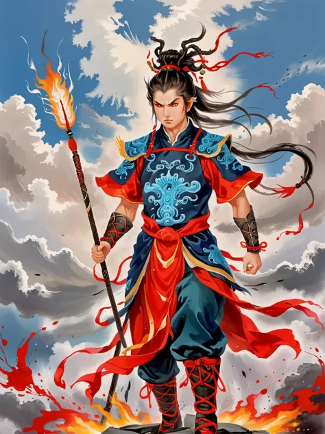 1 boy，Blood stained all over his face，anger，holding a spear，（fly），Chinese mythology，cloudy day，Meticulous skies，Abstract background，（Flame Surge Style：0.5），demonic third eye，hair scrunchie，with ponytail，wearing armor，Strong body，tall and big，Spear in hand，...