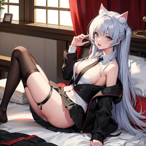 1 girl，jk，pleated skirt，1 leg ring，Knee socks，sensual feeling，long hair，Cat ear，youth，bedroom background，lying on bed，Chu Chu pitiful expression，astringent，nipple