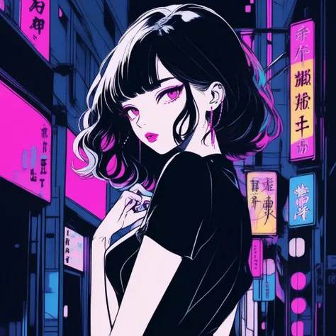 (best quality, sketch:1.2),actual,illustrator,Japanese cartoons,1 girl, delicate lips, Black dress 8,custom, (Background dark monochrome),neon hair,Texture cropping, masterpiece, Style: Vintage , deep black, Art, sketch book, (hair black:1.75 neon lights:1...