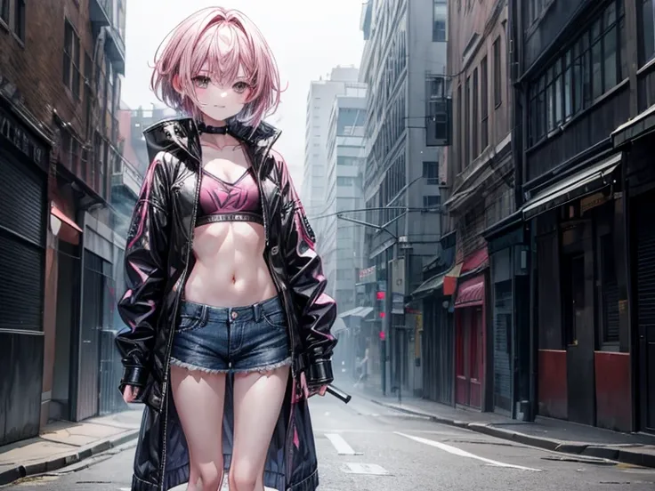 smoking girl, dark street, night time, pink hair, short hair, long jacket, jacket over her shoulders, small girl, small legs, sh...