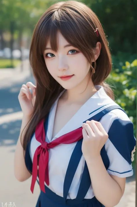 ltra-detailed,highly detailed,best quality,masterpiece,illustration,realistic,photorealistic,
clannad, hikarizaka private high , summer uniform, 
1girl, solo, cosplay, 
looking at viewer, upper body, 
