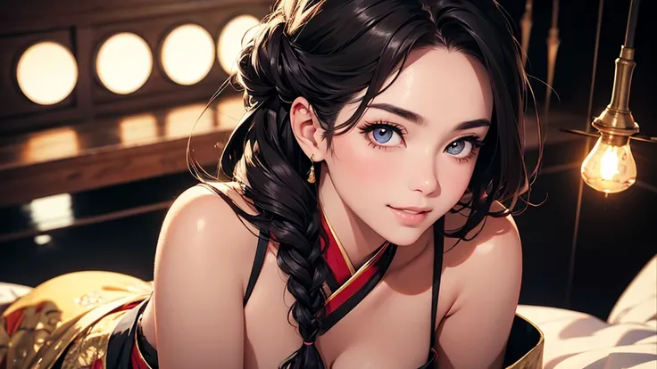 Beautiful Asian woman with a flirting smile, Wearing golden lace Hanfu, Drop your shoulders, plump breasts, seductive cleavage, golden eyes, Leaning forward, Focus on the audience, state&#39;s, split, HD, UHD, Wallop, artistic sprout, long braid hairstyle,...