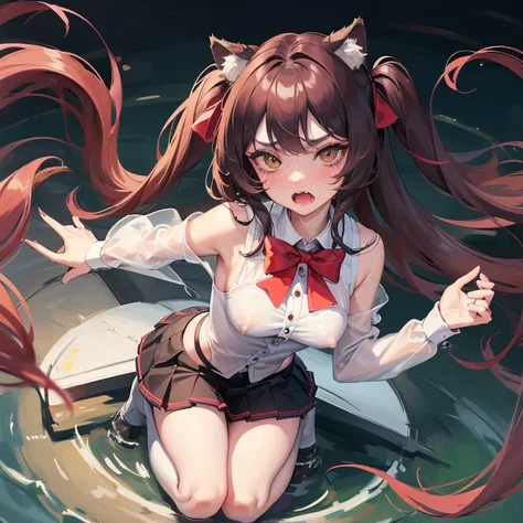 1 girl，jk，pleated skirt，1 leg ring，Knee socks，sensual feeling，long hair，Cat ear，youth，in water，wet，Loli kneeling，Chu Chu pitiful expression，open mouth，Tiger teeth，Saliva drawing，Behavior is not indecent，Large nipples，slightly red face，zoom in，high quality