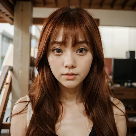 Red hair long hair with bangs big eyes small face Korean pretty