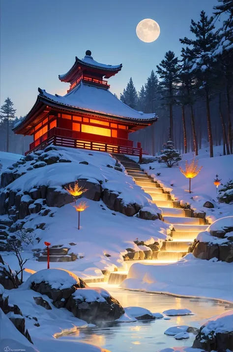 ancient china landscape, ((hot spring)), (heavy snow), (fire Fly), (paper kite), (midnight), (moon), Shrine at the top of the mountain, ((flower)), beautiful scenery, realistic lighting, masterpiece, high quality, beautiful graphics, advanced details,