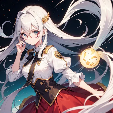 (2d) (cabelo branco) (anime) (corajosa) (high resolution) (garota bonita) (foco no rosto) (she wears glasses) (ela usa uma coroa vermelha com ouro) (ela usa uniforme roxo)