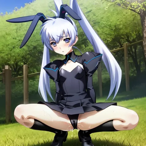 nsfw , Yashiro Kasumi , (((highres official art))) , (((1girl))) , white hair , blue eyes , long hair , twintails , fake rabbit ears , blush , shy , squatting girl, spread legs, after sex, pussy, cum drip, cum in pussy, sweat, outdoor,