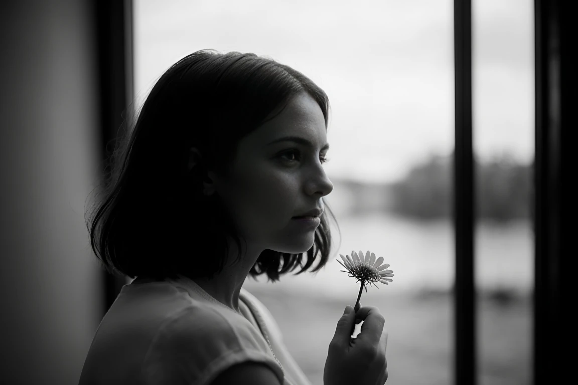 Humanistic Photography，A girl holding a small white flower，emotion，35 mm，
Sebastiao Salgado，Hasselblad X1D，Peter。Lindbergh，(masterpiece，top quality，
best quality，official art，Beautiful and aesthetic:1.2)