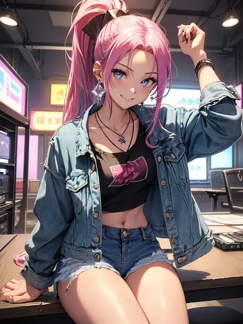 最high quality、Best image quality、masterpiece、girl((20 years old、 by becoming、vest bust、medium bust,Big chest tea、shining eyes, neon hair、long hair、thin,highest valley、ponytail、Distressed denim shorts、Black crop top shirt、Distressed denim jacket、Smile、Full ...