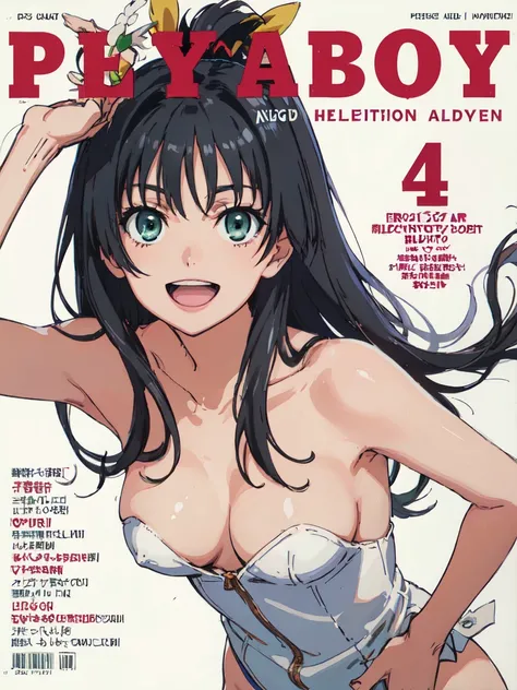 PlayboyCoverQuiron style, playboy cover, (High resolution:1.4), (masutepiece:1.2), (High quality:1.3) 1girl, saten ruiko, green eyes, long hair, black hair, small breast, smile, open mouth