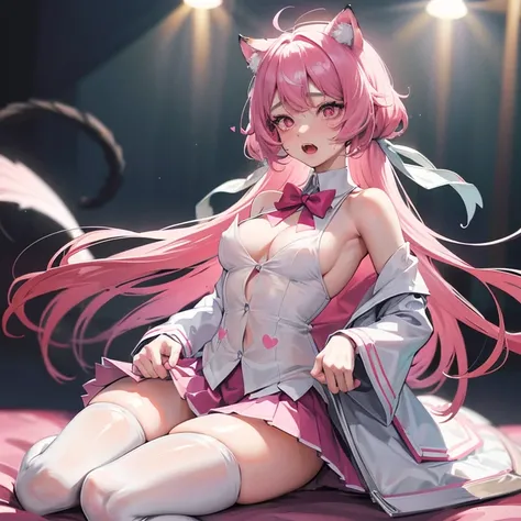 1 girl，cos，jk，pleated skirt，1 leg ring，Knee socks，sensual feeling，Covered with white viscous liquid，Long colored hair，Pink heart-shaped eyes，Cat ear，youth，White cozy bedroom，translucent clothes，wet，There&#39;s a cucumber in my hand，Place your hands between...