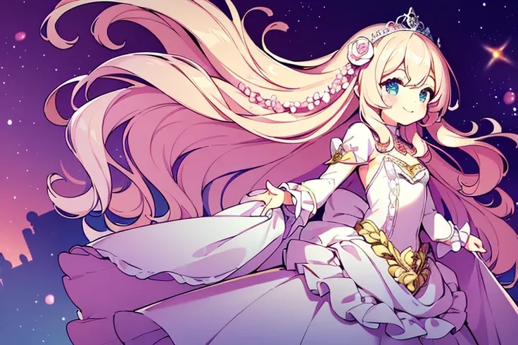 (kawaii),(best quality),(ultra detailed), upper body,(rococo style),(long train pastel pink cape:1.15), very long cape,(long train white ball gown with flower decorations), a girl is wearing a cape over her gown, 1 little princess, tiara, smile, small brea...