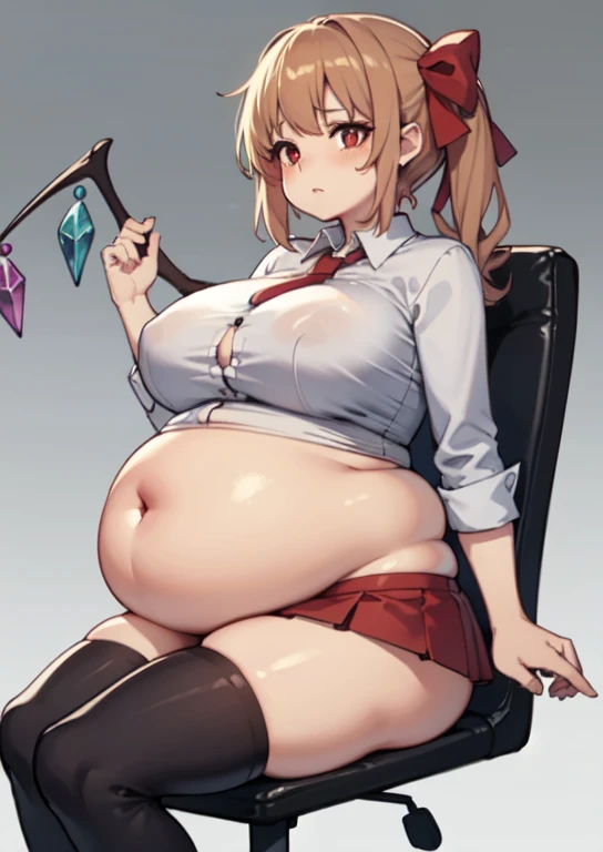 (masterpiece, best quality), 1girls, big belly, blurry background, huge belly, art by kipteitei, round belly, chubby, curvy, curly hair, brown hair, white button-up shirt, skirt, thighhighs, simple_background, gradient_background, belly grab, enormous bell...