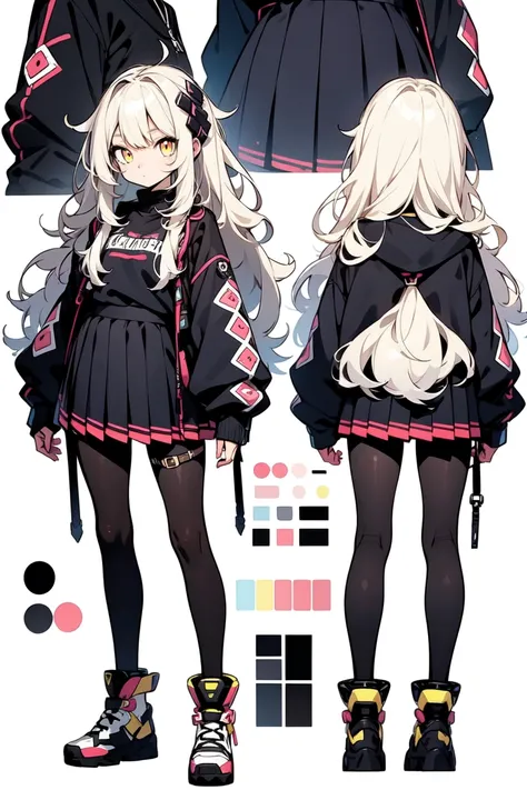 1 solo girl, anime illustration, refsheet, turnaround, girl, anime styled, character design, 2d, oversized black sweater and a s...