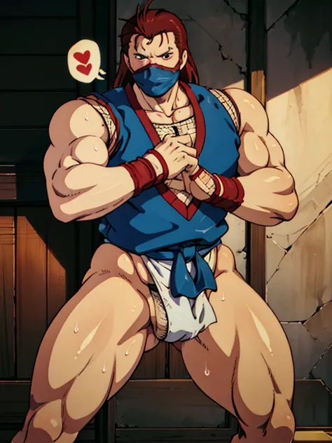 (masterpiece,  best quality:1.2)cowboy shot, solo,Elderly old man,  EijiKOF,  1guy,  blue dougi, bottomless, fundoshi,face mask,  fishnet top,  bracelets,  red belt,   full body,  fighting stance,  expression of agony,open mouth,blush,sweaty,sweat vapor,Bu...