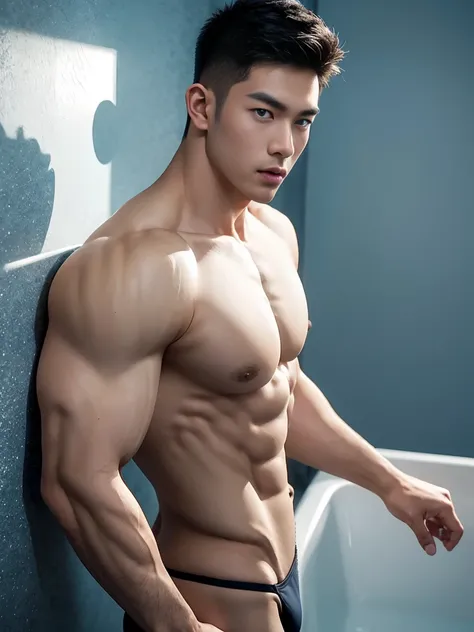 wide angle，asian male model, big muscles, Full chest muscles，Sexy and charming expression，blue eyes，Handsome, cool, Hair combed smoothly, piercing ears,naked，Wearing a mini thong，Big bag highlights, image, modeling, dynamic poses, Tsinghua University campu...