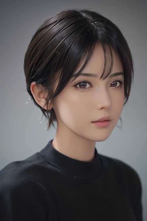 (masterpiece:1.3), (8K, realistic, Raw photo, highest quality: 1.4), (1 girl), beautiful face, (realistic face), (black hair, short hair:1.3), beautiful hairstyle, realistic eyes, detailed and beautiful eyes, (realistic skin), beautiful skin, (sweater), di...