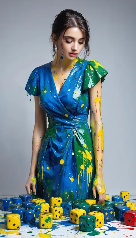 Perfect Women  surrounded by Cube-shaped six-sided dice dress, wet oil paint poured, colors of blue, green, yellow, red, visible paint stains, messy paint splatters, , perfect composition,,