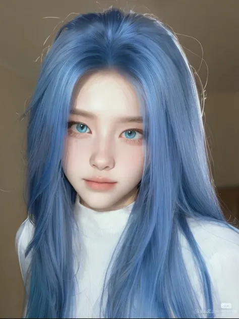 Un primer plano de una persona con cabello azul y una camisa blanca, pelo liso azul cielo, straight pelo azul cielo, pelo largo azul, realista. ChengYi, linda chica con cabello azul, pelo azul cielo, pelo azul claro, hermosa chica de pelo azul, ulzzang, pe...