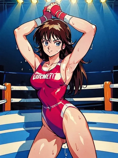 ((Best quality)), ((masterpiece)), ((anime style)), ultra detailed face, ((1 girl)), female wrestler, competition swimsuit, ((wrestling ring)), long hair, mature, milf, 30s, sweaty armpit, very sweaty, standing, victory pose, looking at viewer, highleg, sm...