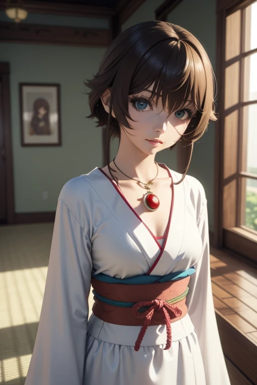 Final fantasy (Yuna) Anime girl with brown hair and a white kimono dress holding her necklace, Beautiful portrait, Soft CG anime art, Realistic anime art style, Beautiful anime picture, Beautiful anime woman, Realistic image of an anime girl, Makoto Shinka...