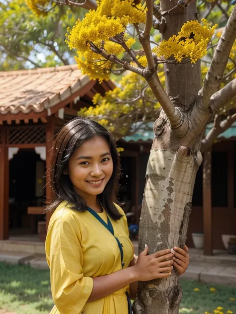 Under the big padauk tree (smaller yellow than the yellow side of the) (padauk flowers) are blooming. Under the tree (padauk flowers) the young Burmese woman is smiling beautifully.