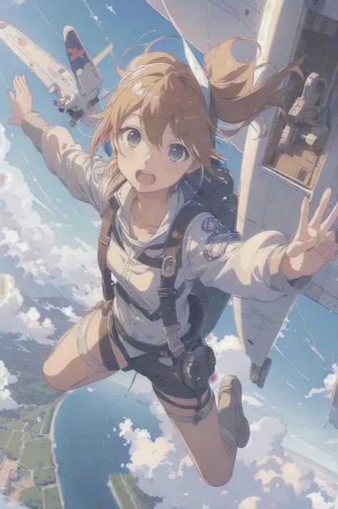 Anime girl flying in the sky with an airplane in the background, clean detailed anime art, cute Pilot Girl, beautiful anime artwork, High quality anime art style, Cute girl anime visual, 4k manga wallpaper, Pilot Girl, makoto shinkai ( apex legend ), Makot...