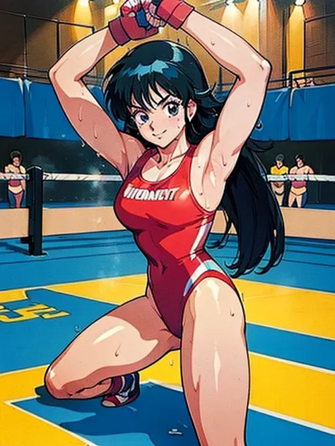 ((Best quality)), ((masterpiece)), ((anime style)), ultra detailed face, ((1 girl)), female wrestler, competition swimsuit, ((wrestling ring)), long hair, mature, milf, 30s, sweaty armpit, very sweaty, standing, victory pose, looking at viewer, highleg, sm...