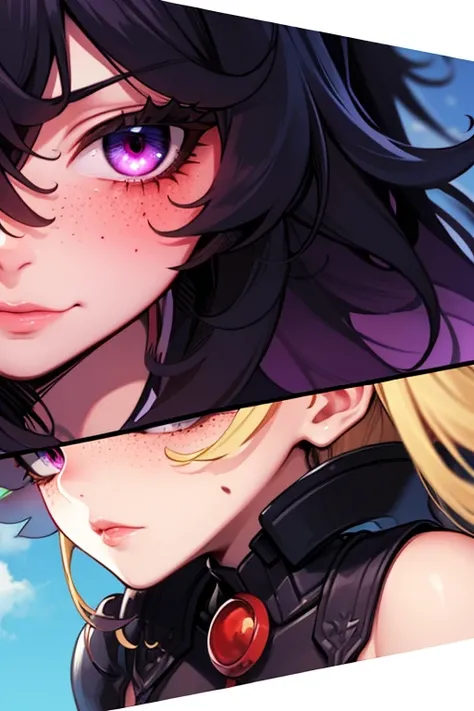 A woman with wavy black hair and purple eyes, Black alien armor, Freckles, Blush, Eye shadows, nice face