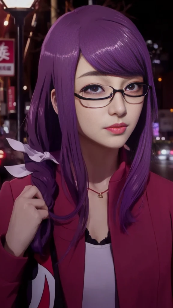 anime girl with glasses and a red jacket standing in front of a street light, illustrious makinami, ann takamaki from persona 5, miura, misato katsuragi, ( ( ( yoshinari yoh ) ) ), yayoi kasuma, juri misaki, miura kentaro style, ayami kojima amano，wearing ...