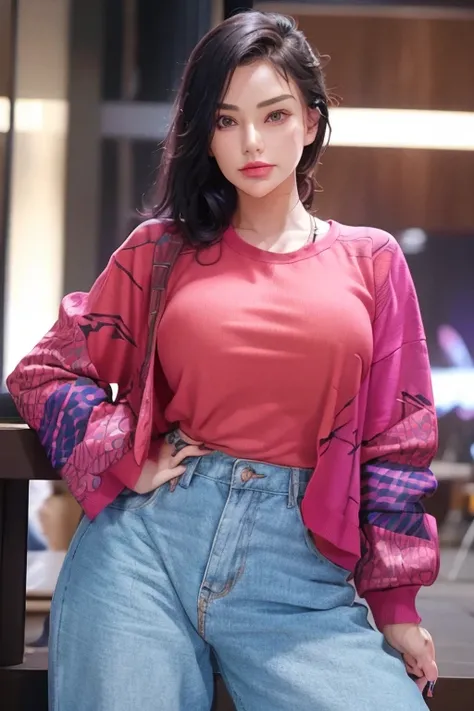 beautiful woman, wearing a stylish and casual outfit, with a determined expression on her face, fashionable, woman, vibrant, outfit, posing, front, dynamic, background, elements, confident, expression, accessory, majestic, coiled, attention-grabbing, title...