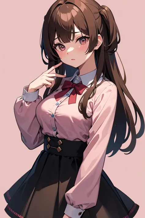 best quality, masterpiece, highres, solo, {mayuzumi_fuyuko_theidolmstershinycolors:1.15}, brown_hair, bangs, long_hair, blush, blunt_bangs, breasts, two_side_up,medium_breasts, 1girl, skirt, long_sleeves, looking_at_viewer,one-piece,pink_background, upper_...