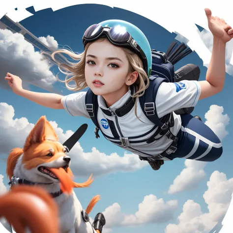 Flying helmet with araffed and dog in helmet, A girl is wearing goggles、The goggles have clear lenses、sky diving, cg art, amazing depth, Incredible depth, epic scene, avatar image, close up shot, key art, ultra high resolution, advertising photo, Award-win...