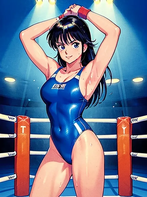 ((Best quality)), ((masterpiece)), ((anime style)), ultra detailed face, ((1 girl)), female wrestler, competition swimsuit, ((wrestling ring)), long hair, mature, milf, 30s, sweaty armpit, very sweaty, standing, victory pose, looking at viewer, highleg, sm...