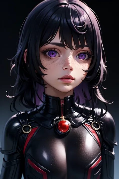 (black wavy hair, purple eyes,(foreign, alien) black armor, freckles, rosy cheeks, eyeshadows, cute face),(best quality, 4k, ultra-detailed, realistic:1.37), portraits, vibrant colors, soft lighting