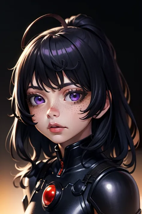 (black wavy hair, purple eyes,(foreign, alien) black armor, freckles, rosy cheeks, eyeshadows, cute face),(best quality, 4k, ultra-detailed, realistic:1.37), portraits, vibrant colors, soft lighting