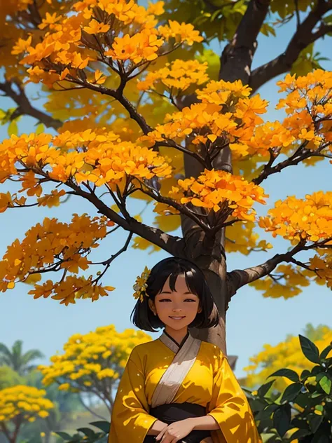 Under the big padauk tree (smaller yellow than the yellow side of the) (padauk flowers) are blooming. Under the tree (padauk flowers) the young Burmese woman is smiling beautifully.