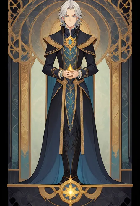 Full length portrait of 1 boy., Master, Magicians costume, (((solo))), clear facial features, Simple line design, ((Tarot card background, symmetrical beauty)), perfectly symmetrical, The art of symmetry, Standing Character Drawings, ((flat colors)), the m...