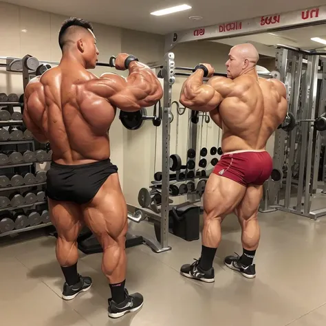 (on or two bodybuilders:1.4), (back view:1.2), (tank top:1.2), (at rugby club locker room:1.2), 40s, Japanese man, Chinese man, Korean man, Taiwanese man, manly face, fat face, (round face:1.4), (monolid eyes:1.2), (buzz cut:1.4), very large and strong bod...