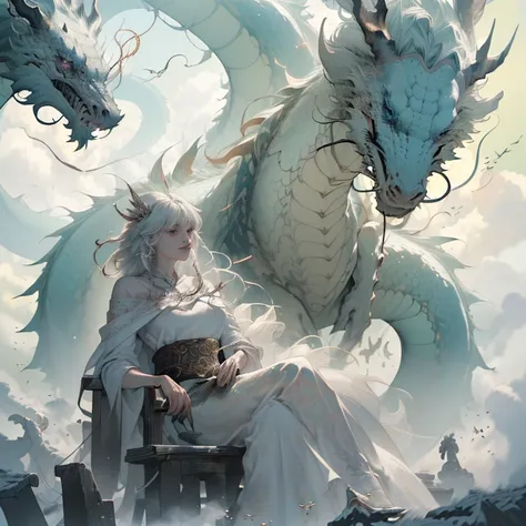 (Masterpiece, Top Quality, Best Quality, Official Art, Beautiful and Aesthetic: 1.6), Two mythical creatures, White horse and Dragon, ((Stunningly detailed, High-definition images, Atmospheric perspective, 8k)), ((Exquisite, Super detail, Accurate, Best qu...