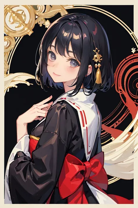 masterpiece,best quality, 1girl, black hair, smile, solo, closed mouth,white border, looking back,kimono, border, looking at viewer, blush, japanese clothes, medium hair, bangs, upper body