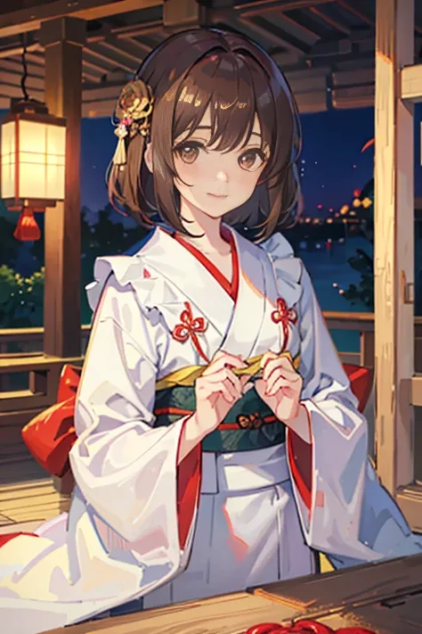 masterpiece,best quality, 1girl, brown hair, smile, solo, closed mouth,white border, looking at viewers,kimono, border, looking at viewer, blush, japanese clothes, medium hair, bangs, upper body,closed mouth