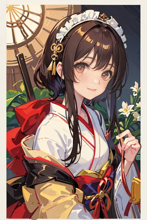 masterpiece,best quality, 1girl, brown hair, smile, solo, closed mouth,white border, looking at viewers,kimono, border, looking at viewer, blush, japanese clothes, medium hair, bangs, upper body,closed mouth