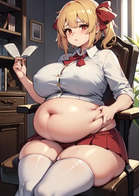 (masterpiece, best quality), 1girls, big belly, huge belly, art by kipteitei, round belly, chubby, curvy, white button-up shirt, skirt, thighhighs, belly grab, enormous belly, fat belly, thicc, bigger belly, sitting on chair, really big belly, jiggly belly...